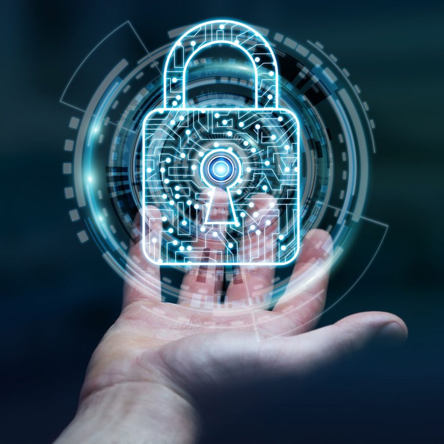 Businessman using digital padlock to secure his datas 3D renderi Businessman on blurred background using digital padlock to secure his datas 3D rendering